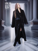 Black mink fur coat with open front and long sleeves