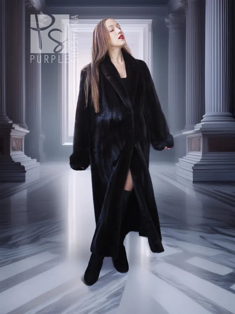 Black mink fur coat with open front and long sleeves