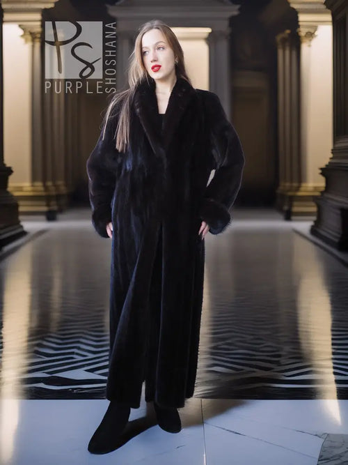 Dark mink fur coat with fold-back cuffs, long button front and structured collar