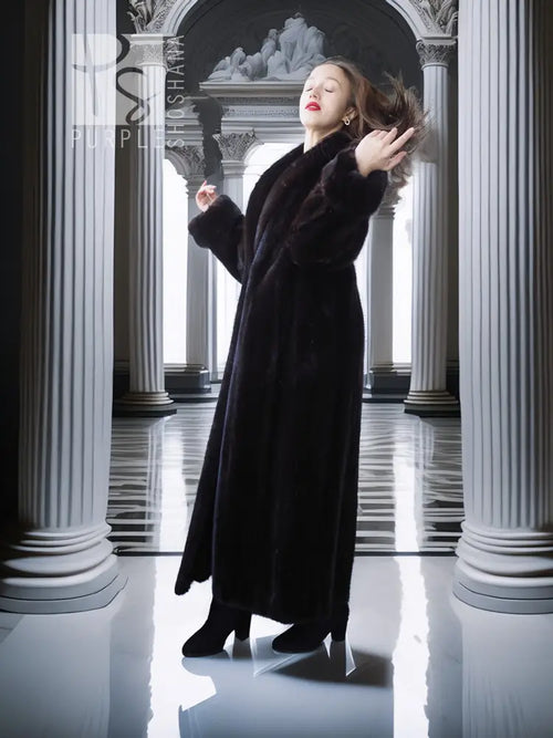Long dark mink fur coat with fold-back cuffs and wide lapels