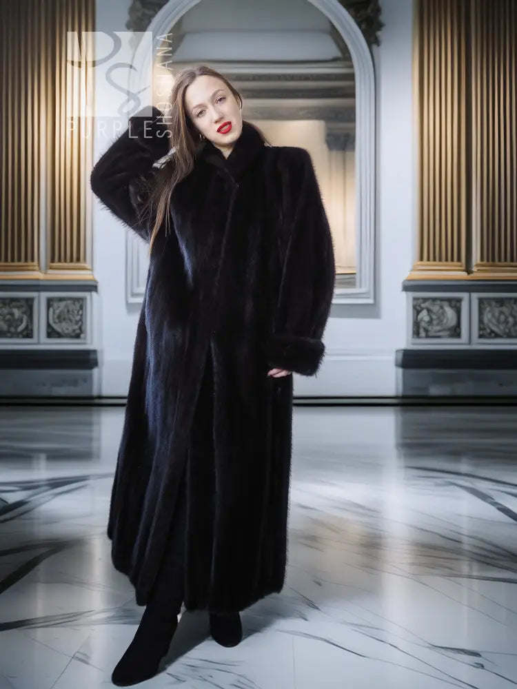 Black mink fur coat with notch collar and fold-back cuffs