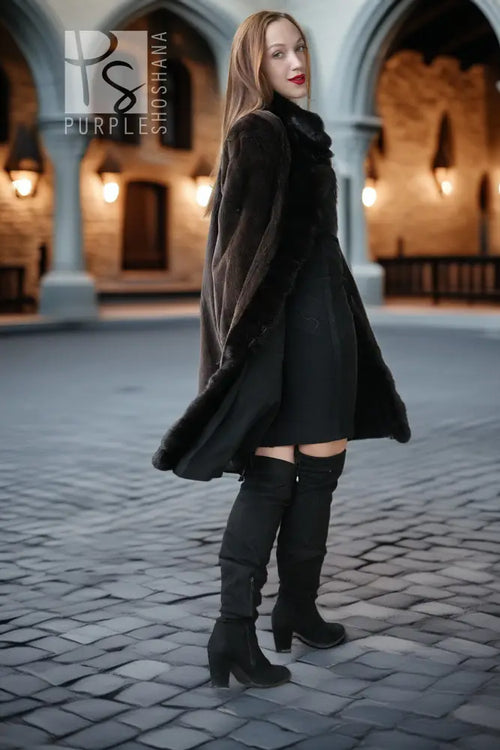 Dark mink coat with plush stand collar and full-length button front