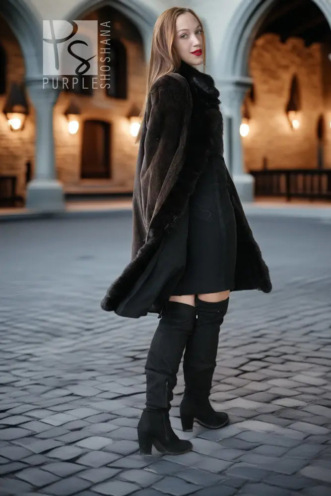 Dark mink coat with plush stand collar and full-length button front