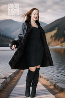 Dark mink coat with flared hem, plush collar, and button front