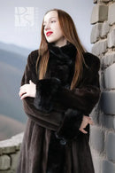 Front view of dark mink coat with oversized collar and button placket