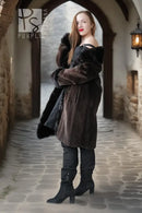 Long dark mink coat with fur hood/collar, button front, and plush fur-trimmed sleeves