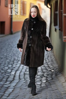 Dark fur button-front coat with stand collar, knee-length, front view