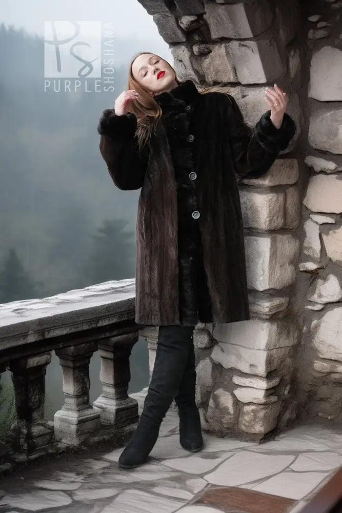 Sheared mink jacket with dark fur collar and button front, long sleeves and straight hem