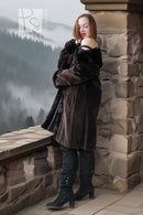 Dark mink coat with thick fur collar and button front, cropped view showing inner neckline