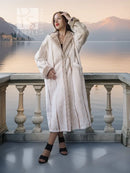 Cream sheared beaver fur coat, open front with notched collar and knee-length hem