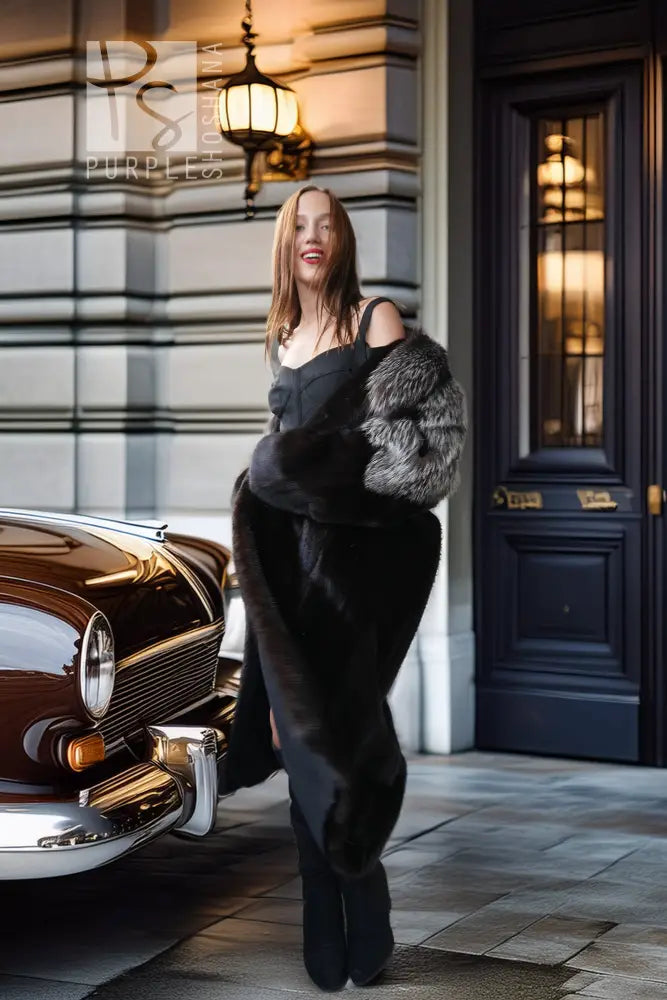"Vienna Nocturne" – Black Mink & Silver Fox Fur Coat | Full Length