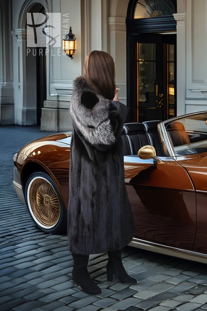 "Vienna Nocturne" – Black Mink & Silver Fox Fur Coat | Full Length