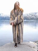 Gray fox fur long coat with V neckline and open front, size M