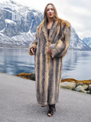 Gray fox fur coat with open V front and full length hem, size M