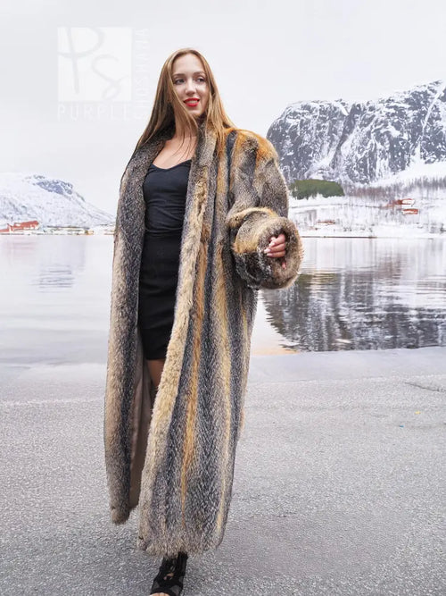 Gray fox fur coat with open front and wide fur cuffs, size M