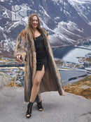 Long gray and amber fox fur coat with open front and slit hem, ankle length.