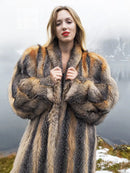 Vintage fox fur coat close-up, gray and tan striped fur with plush stand collar.
