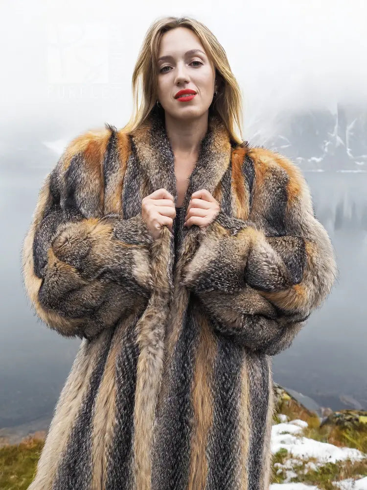 Vintage fox fur coat close-up, gray and tan striped fur with plush stand collar.