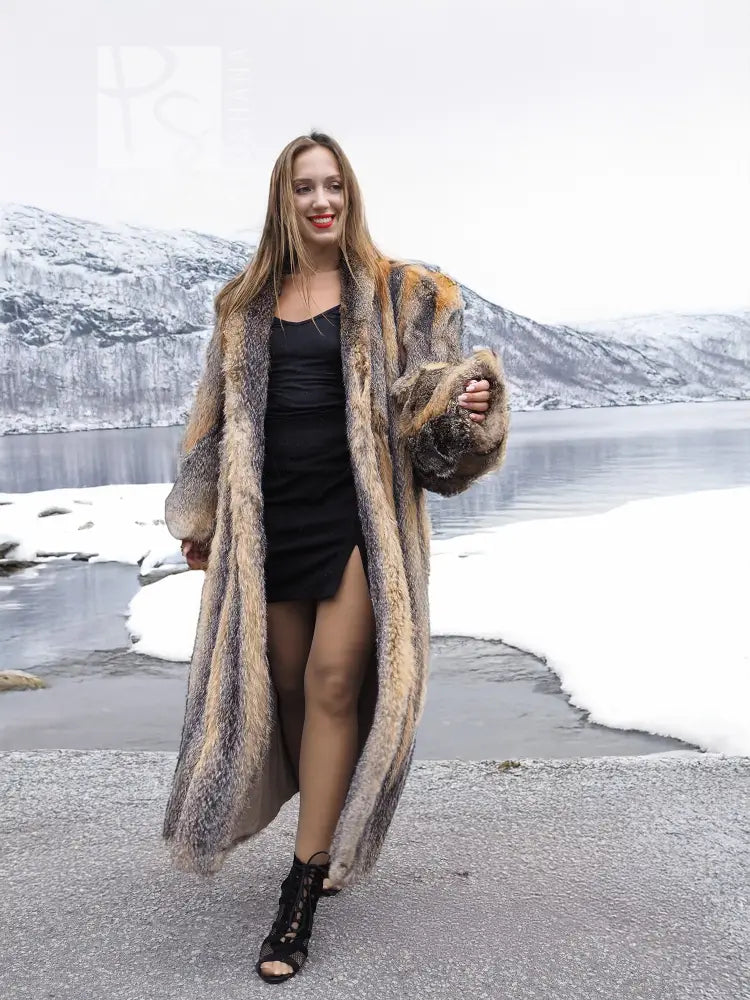 Gray fox fur long coat with open V front over black dress, size M