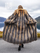 Gray fox fur coat back view with hood and gathered shoulders, size M