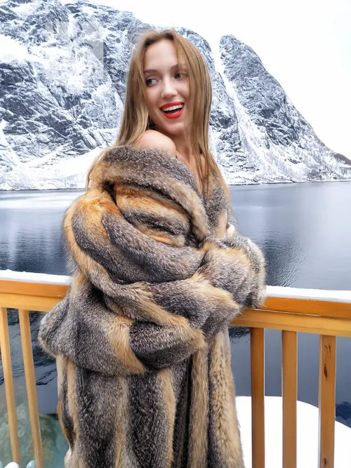Gray fox fur coat with thick fur collar, wrapped silhouette, size M