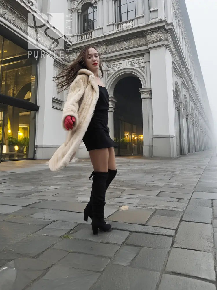 Beige mink fur coat with open front and plush texture, styled with black mini dress