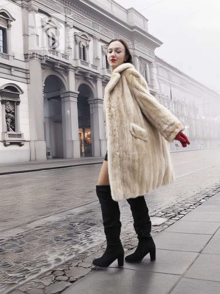 Vintage beige mink fur coat with swingy hem, wide collar and long sleeves