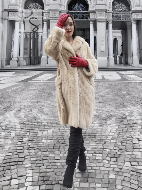 Vintage beige mink fur coat with buttonless wrap style and wide fur collar