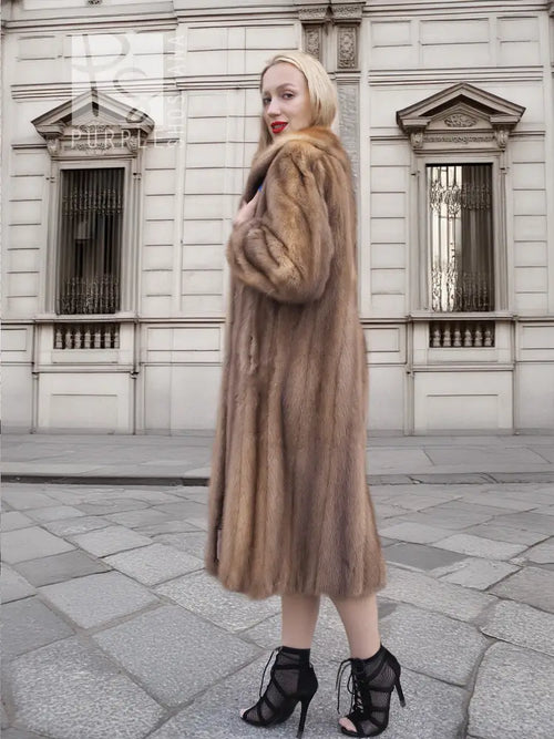 Brown mink fur coat with hood, full front view, long sleeves, midi length.