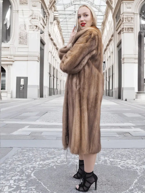 Brown mink fur coat with hood, front view, long sleeves, midi length.