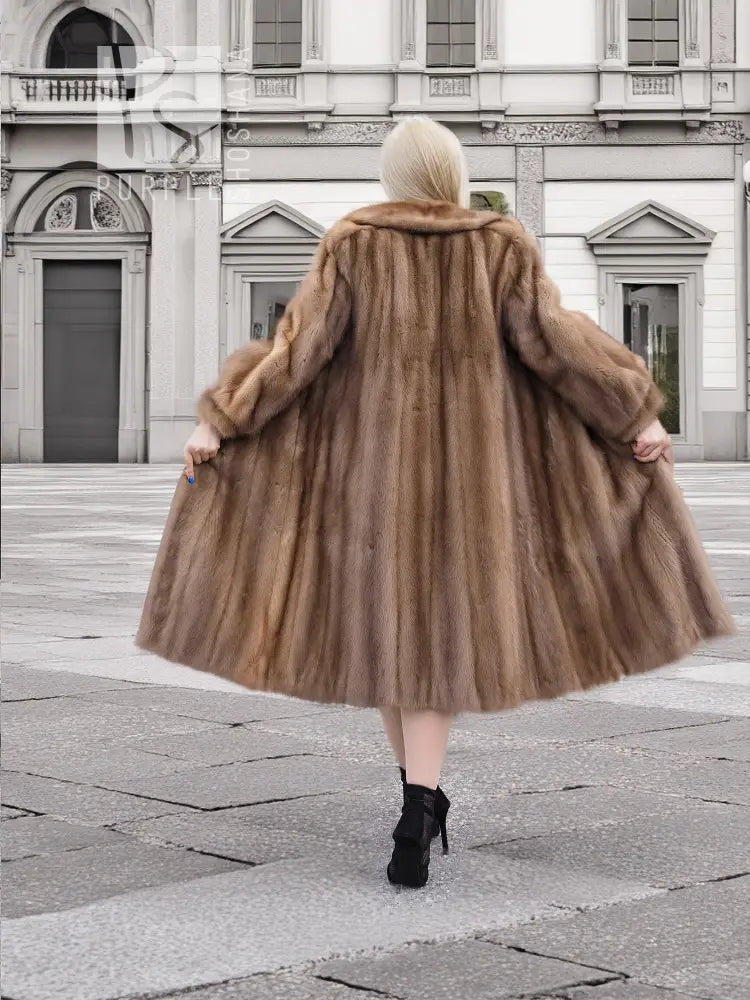Brown mink fur coat with hood, back view, full skirt flare, midi length.
