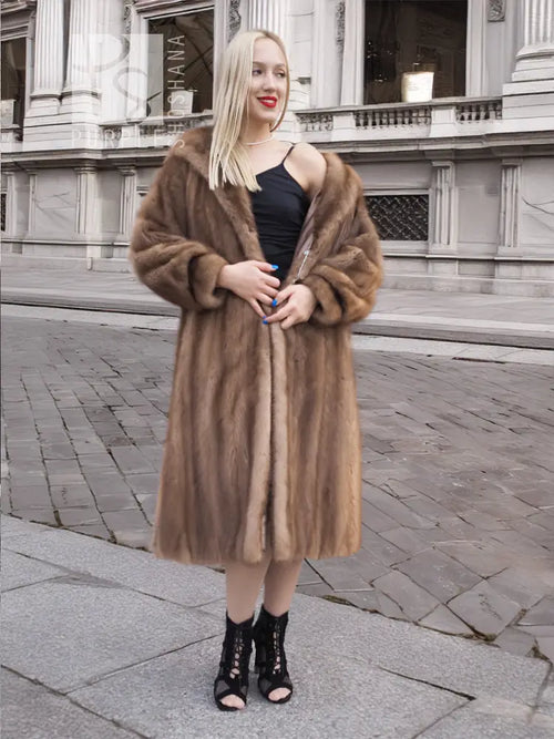Brown mink fur coat with hood, open front styling, long sleeves, midi length.