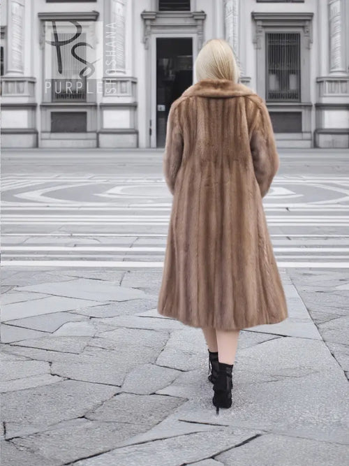 Brown mink fur coat with hood, back view, midi length, relaxed fit.