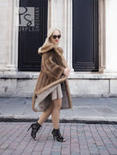 Vintage mink fur coat with hood, brown fur, open front hem with lining visible