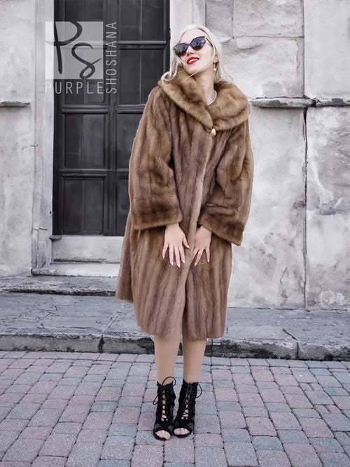 Brown mink fur coat with hood, mid-calf length, long sleeves, front button closure