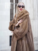 Vintage mink fur coat with hood, brown fur, close-up around collar