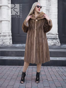 Vintage mink fur coat with hood, brown long length sleeves, front view