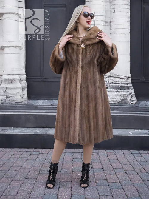 Vintage mink fur coat with hood, brown long length sleeves, front view