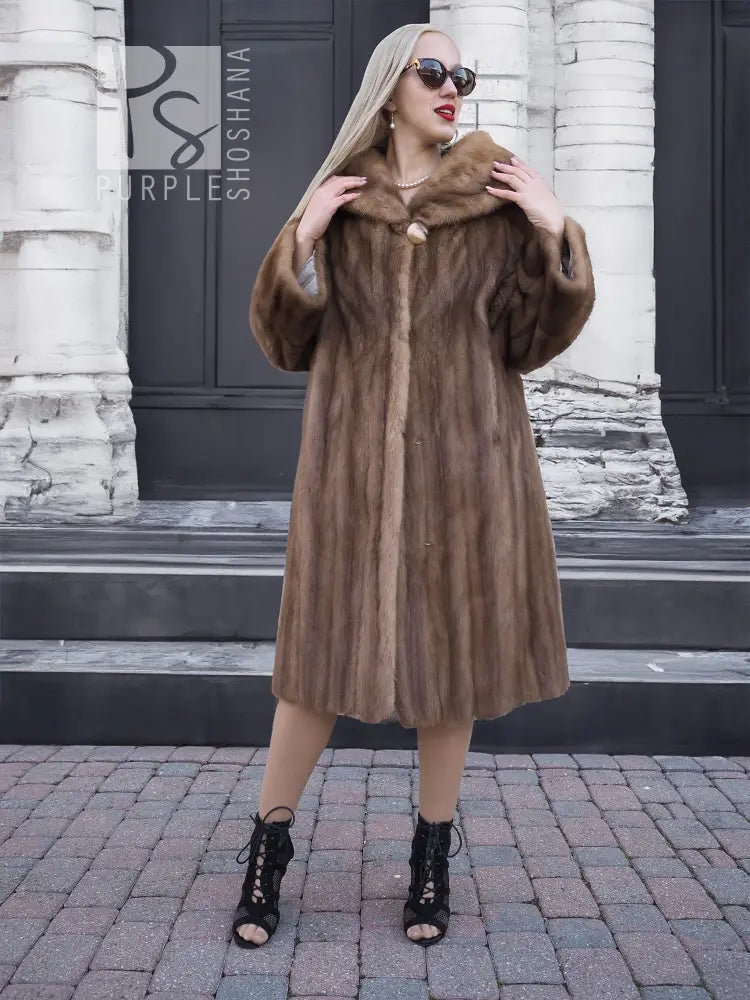 Vintage mink fur coat with hood, brown long length sleeves, front view