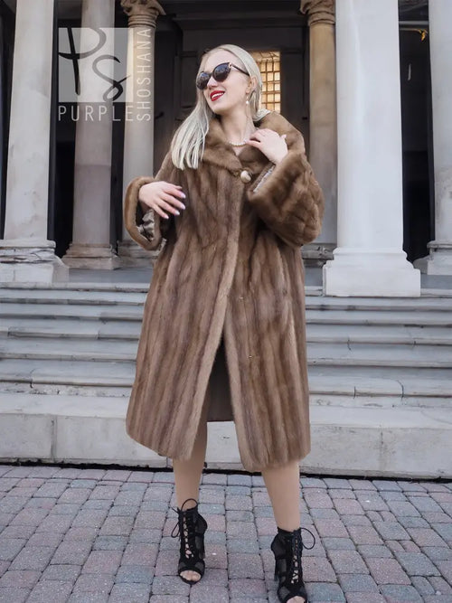 Brown mink fur coat with hood, mid-calf length, long sleeves, front button closure
