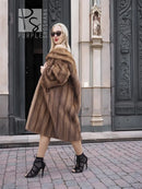 Vintage mink fur coat, taupe-brown, wide collar, knee-length, front view.