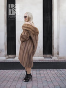Brown mink fur coat with hood and draped collar, back view, mid-calf length.