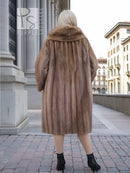 Brown mink fur coat with hood, full back view, mid-calf length, straight hem.