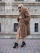 Vintage mink fur coat with hood, brown fur, mid-calf length, side view