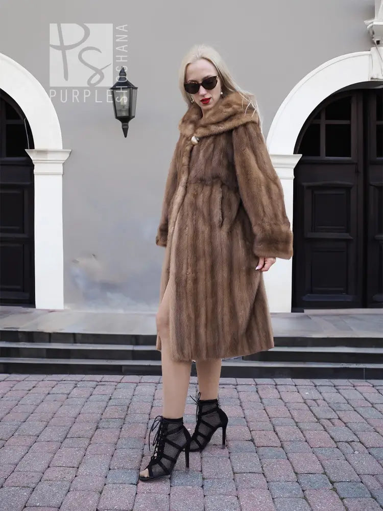 Vintage mink fur coat with hood, brown long length, full front view
