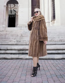 Vintage mink fur coat with hood, brown long stroller style, front button closure