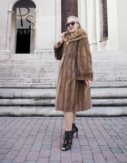 Vintage mink fur coat with hood, brown long stroller style, front button closure