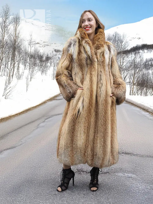 Long hooded fur coat in tan and brown with buttonless front and textured sleeves.