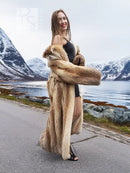 Vintage fox fur coat, size M, front view with draped open front and fur cuffs