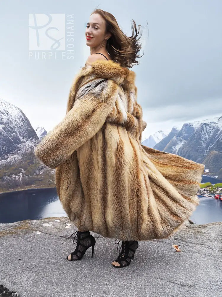 Vintage fox fur coat, size M, back and side swirl shape with wide fur sleeves